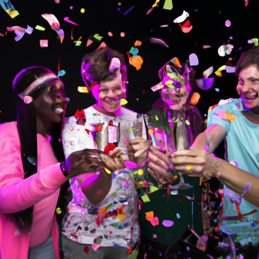 The image would show a group of people celebrating, holding champagne glasses and cheering, with colorful confetti falling from above. The image would convey a sense of excitement and success.