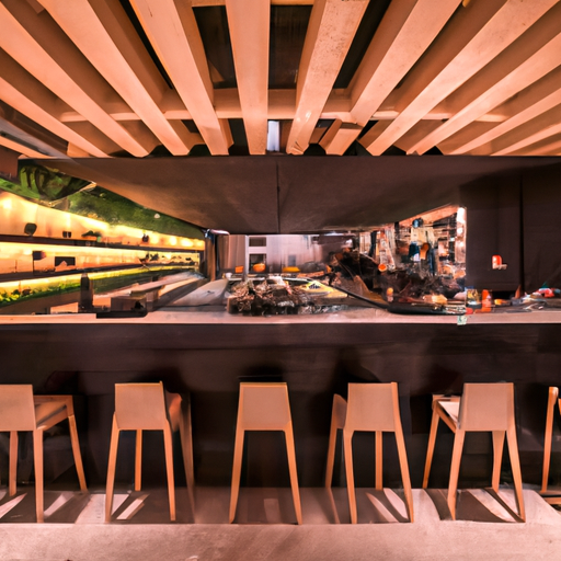 The image would show a modern, bustling restaurant with sleek design elements. It would have a large glass entrance, giving a glimpse of a lively atmosphere inside. The restaurant would be surrounded by green trees and a vibrant cityscape in the background.