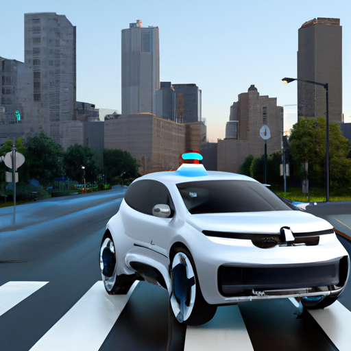 The image would feature a cityscape at dusk, with several tall buildings in the background. In the foreground, a sleek, futuristic-looking driverless vehicle, branded with the Waymo and Uber logos, is driving along the road. The car has a panoramic windshield and no visible driver. A few people can be seen walking on the sidewalk, watching the vehicle in awe.