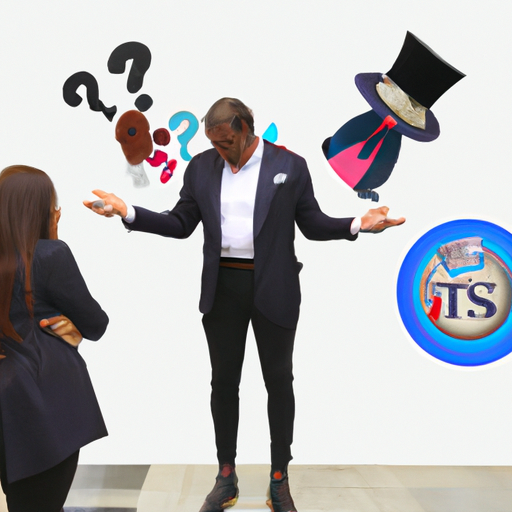 The image would depict a frustrated senator wearing a suit, standing in front of a Ticketmaster logo. The senator has a perplexed and disappointed expression on their face, while pointing at the logo. Beside them, there would be a pile of hidden fees, symbolized by stacks of money with question marks on them. The image would convey the senator's accusation that Ticketmaster is hiding ticket fees from the public.