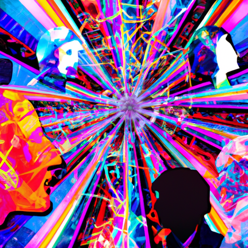 The image would feature a psychedelic background with various vibrant colors blending together. In the center, there would be a collage of members from The Beatles, each represented by their iconic silhouettes. Surrounding the collage, there would be a matrix of interconnected lines and nodes, symbolizing the power of artificial intelligence. The lines would converge towards a glowing music note, signifying the AI's ability to bring together the final song of The Beatles.