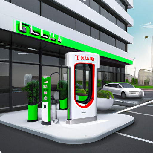 The image would depict a futuristic, high-tech electric car charging station. The station would have sleek, streamlined design elements with a Tesla logo prominently displayed. The surrounding area would be vibrant with greenery, indicating an environmentally friendly theme. The station would also have signs displaying the BP logo, representing the partnership between Tesla and BP.
