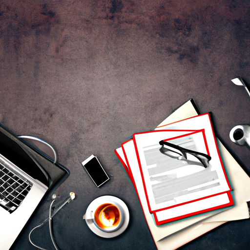 The image would represent a cluttered desk with various objects. It would include a laptop, a notebook with a pen, a coffee mug, a plant, a smartphone, a stack of papers, and maybe a pair of glasses or headphones. The overall impression would be a busy and productive workspace.