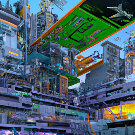 The image would show a large, futuristic skyscraper made out of circuit boards and computer components. On the side of the skyscraper, there are massive digital billboards displaying various advertisements. Hovering above the skyscraper, there are AI-powered drones and robots, working together to enhance the ad campaigns. The image conveys the idea of technology, big business, and the power of AI in boosting advertising efforts.