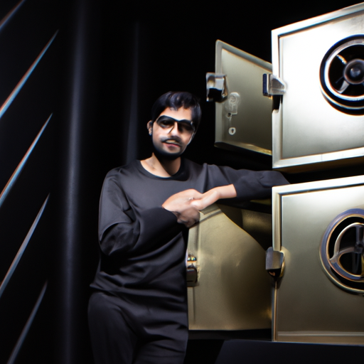 In the image, there is a confident-looking person standing behind a bank vault. The person has their arms crossed and a slight smile on their face, suggesting innocence. The vault is open, revealing stacks of money inside, untouched and undisturbed.