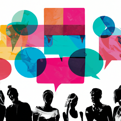 The image would depict a group of vibrant, diverse people engaged in animated conversation in a virtual space. Each person would be depicted with a speech bubble above their head, representing their thoughts and comments. The atmosphere would be energetic and dynamic, with colorful visuals to evoke a lively online discussion. The image would convey the idea of Threads as a central platform fostering diverse and robust online public conversations.