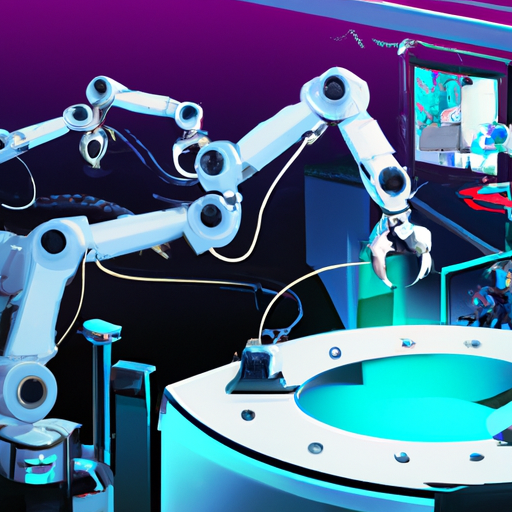 The image would consist of a modern factory with high-tech machinery and automation systems at work. AI algorithms and robots can be seen assisting in various stages of the software development lifecycle, such as coding, testing, and deployment. The image would evoke a sense of efficiency and technological advancement in a factory setting.