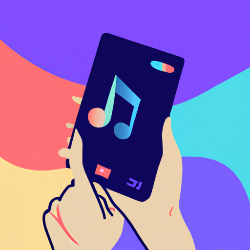 The image would show a person holding a smartphone with an artistic background. The background would contain colorful, abstract shapes and patterns. There would be a music note symbol on the smartphone screen, indicating that the app is related to music. Additionally, a video camera icon would be displayed on the smartphone screen, representing the creation of music videos.