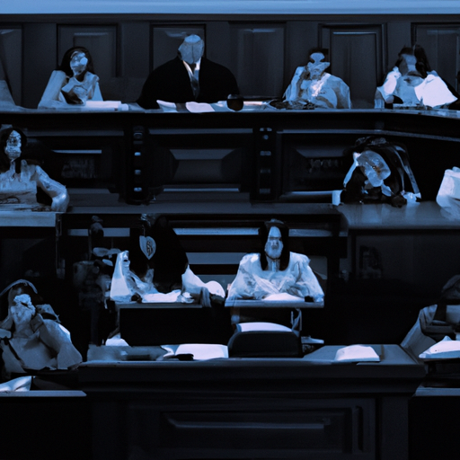 The image would feature a courtroom setting, with a judge presiding over the trial. Various people involved in the trial, such as lawyers and witnesses, would be present. The image may capture a sense of tension or intensity, showcasing the importance of the moment as the trial reaches its conclusion.
