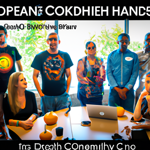 The image would show a group of people in a corporate setting, with some individuals looking distressed or worried. Overlaid on the image would be a network connection symbol, symbolizing the collapse of the internet in Gaza. In the corner of the image, there would be an Apple logo decorated with Halloween-themed elements, such as pumpkins or spider webs.