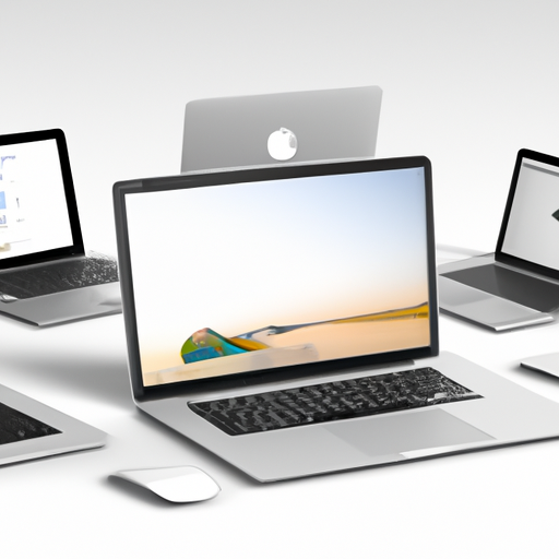 The image would feature a sleek, silver laptop with a large 16-inch display, placed front and center. The laptop would have the iconic Apple logo on the top and a thinner bezel around the screen. The image would also show the laptop being used on a desk, surrounded by other traditional laptops, highlighting its powerful performance and distinguishing it as a desktop-like machine among its more portable counterparts.