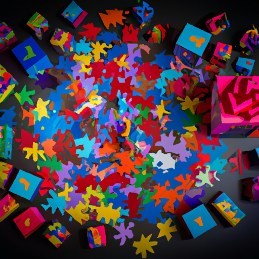 A colorful and playful puzzle, surrounded by various gift boxes in different shapes and sizes. The puzzle pieces are scattered around, forming a beautiful and intricate design. The image evokes a sense of joy and excitement, with vibrant colors and a hint of mystery.