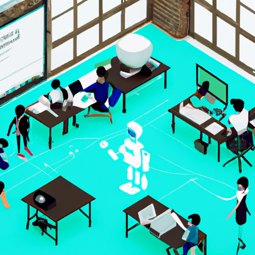 The image would consist of a startup office setting with people working at their desks while a large, transparent AI-powered robot assists them. The robot is generating various marketing materials like social media posts, ad campaigns, and content ideas. The focus is on the collaboration between humans and AI, emphasizing that generative AI is there to support and enhance the marketing efforts of the startup, rather than replace human creativity.