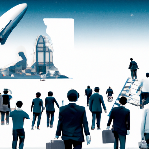 The image would show two contrasting elements. On one side, there would be a group of people wearing business attire and holding briefcases. They would have sad or worried expressions on their faces, symbolizing the job cuts. On the other side, there would be a futuristic spaceship under construction surrounded by engineers and workers in space suits, representing the production of the next-gen spaceships. The image would convey the idea of the company making tough decisions to support progress and innovation in their space program.