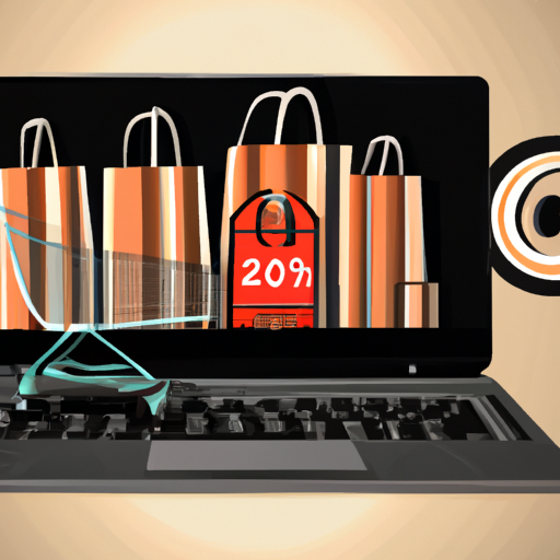 The image would feature a smartphone or laptop surrounded by multiple shopping bags, indicating the concept of online shopping. The screen of the device would display a barcode scanning symbol and a running total of money, representing the record-breaking $9.8 billion in online purchases in the US and $70.9 billion globally on Black Friday.