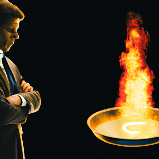 The image would show a person standing between a frying pan and a fire, contemplating their options. The person would be dressed in business attire, symbolizing the context of a summit. The frying pan and the fire would be metaphorically depicted, representing challenging or risky situations. Thus, the image visually reflects the title's expression of contemplating difficult choices and potential consequences.
