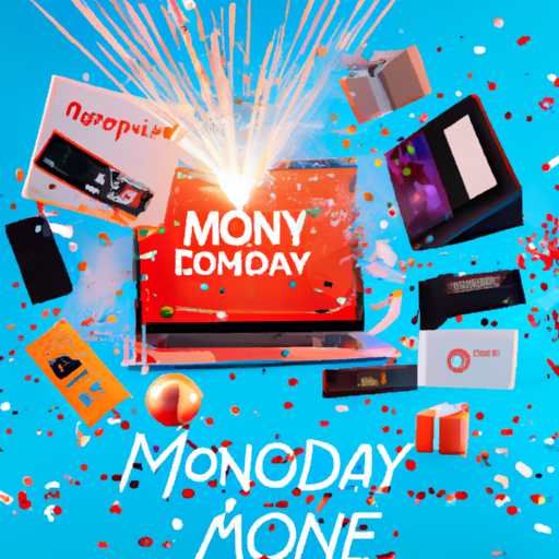An image of a montage of various products from different categories such as electronics, fashion, home goods, and more. The products are beautifully arranged in a visually appealing manner, showcasing the diversity of deals available on Cyber Monday. The image also includes festive elements like confetti or fireworks to signify the excitement and celebratory nature of the event.
