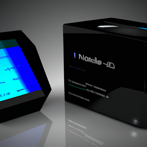 The image would show a sleek, compact device with a seamless black exterior. It would resemble the shape of a cube, with rounded edges and a small LED indicator on the front. The device would be accompanied by a minimalist remote, matching the color and design of the thin client.